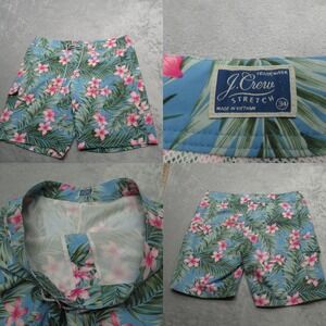 J. Crew‎ Stretch Swim Shorts Mens 34 Blue Floral Hawaiian Lined Pocket Trunks